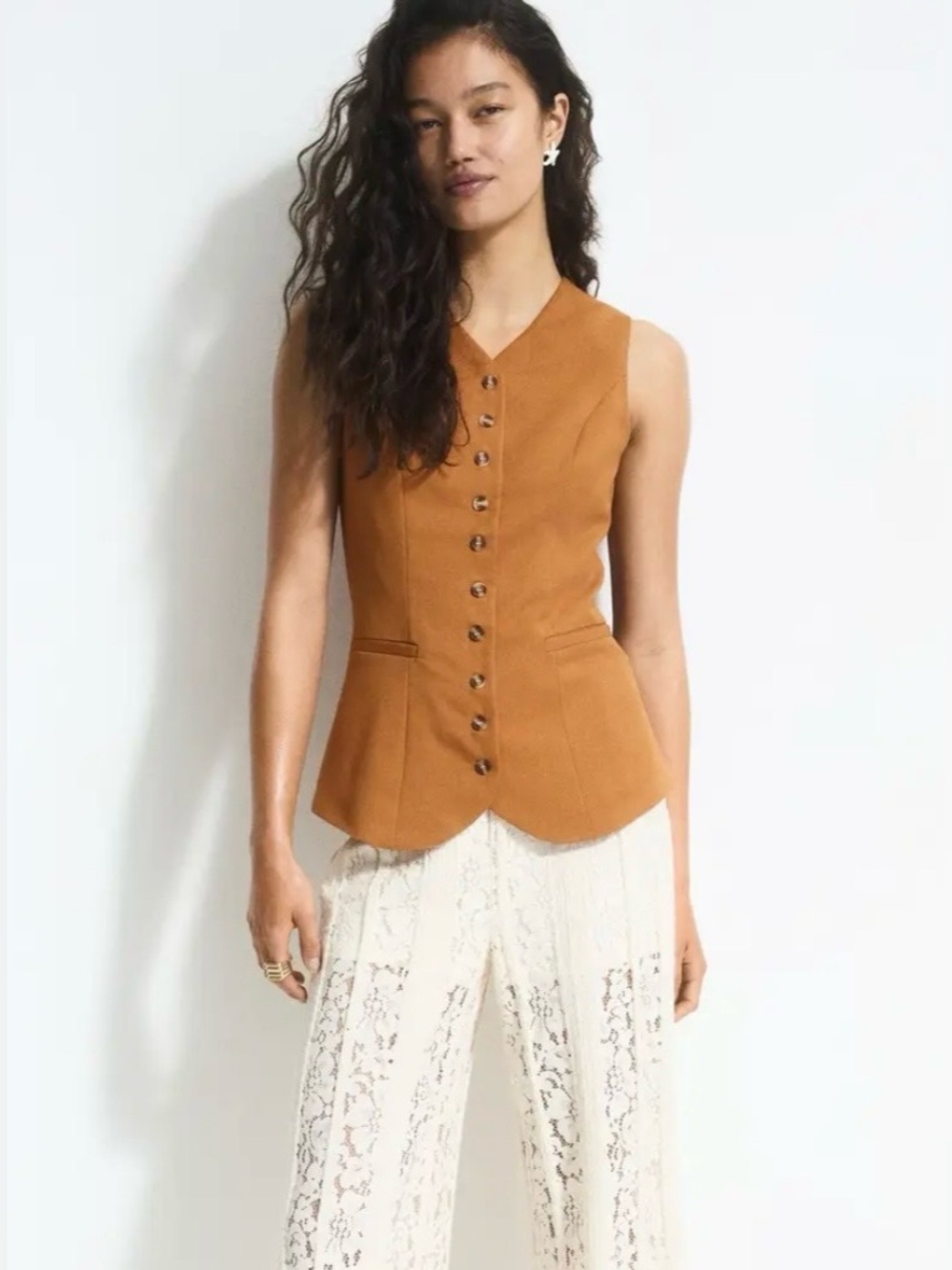 H&M Camel Brown Suit Vest Waistcoat Button Down Shirt Small